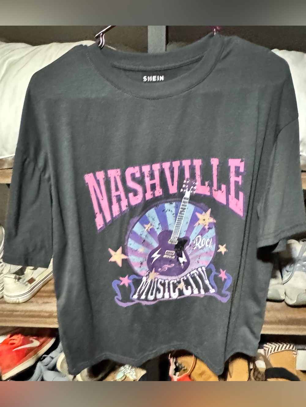 SHEIN Black Nashville Graphic Tee with Pink & Purple Guitar